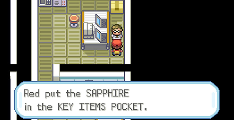 Receiving the Sapphire after defeating Scientist Gideon in the Rocket Warehouse / Pokémon FRLG