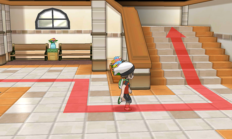 The northeast staircase going to 2F in Mauville City / Pokémon ORAS