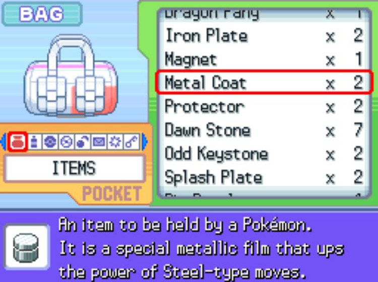 The in-game description of the Metal Coat / Pokémon Platinum