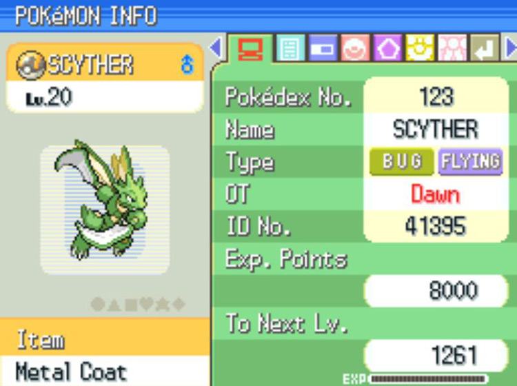 A Scyther holding a Metal Coat / Pokémon Platinum