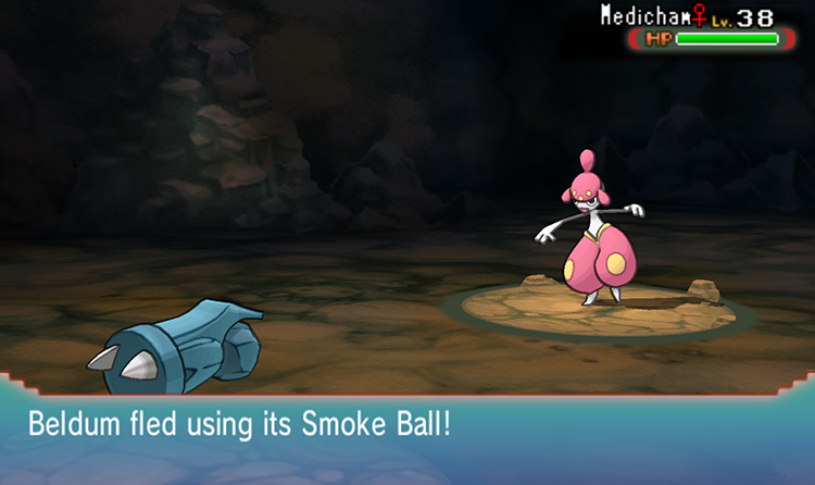 A Lv. 14 Beldum successfully flees from a Lv. 38 Medicham using a Smoke Ball / Pokémon ORAS