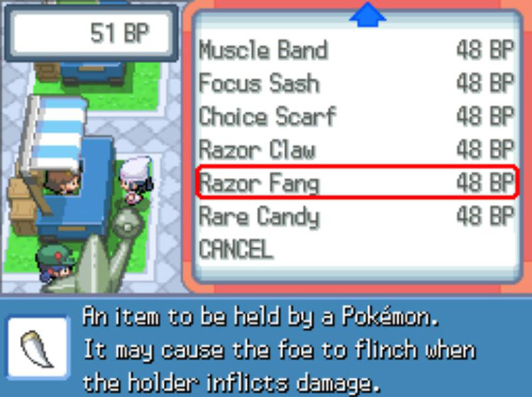 The Battle Frontier’s listing of the Razor Fang / Pokémon Platinum