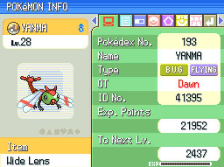 A Yanma with a Wide Lens in its held item slot / Pokémon Platinum