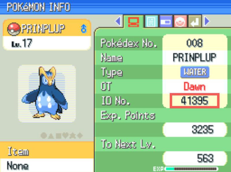 An example of a Pokémon OT ID / Pokémon Platinum