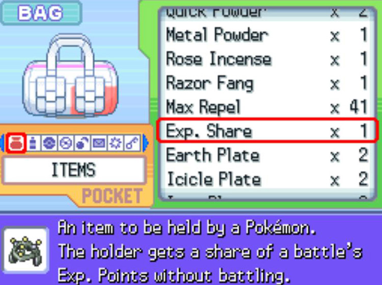 The in-game description of the Exp. Share / Pokémon Platinum
