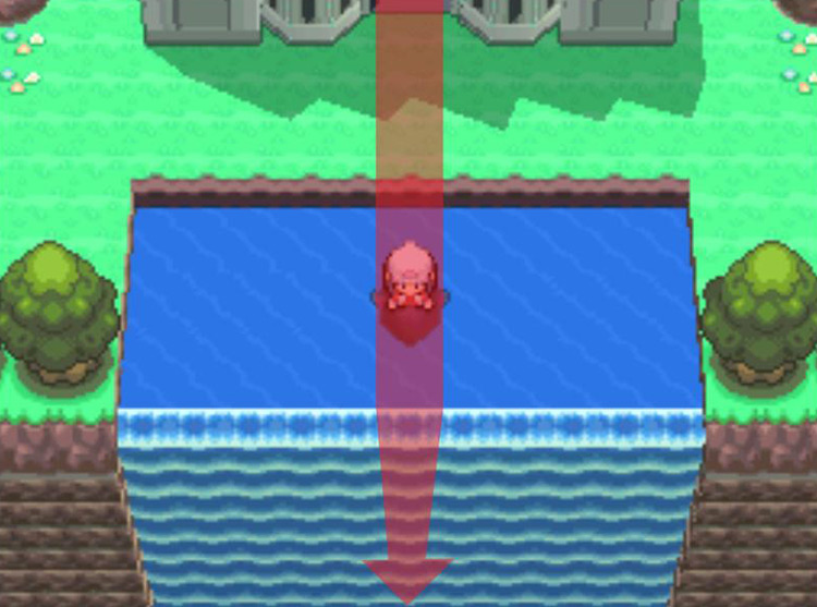 Surfing down the waterfall to the south. / Pokémon Platinum