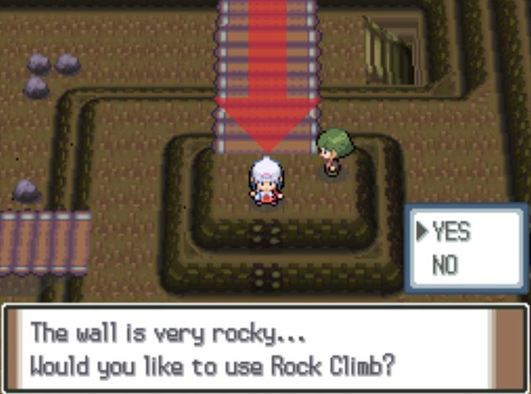 Using Rock Climb at the rock wall. / Pokémon Platinum