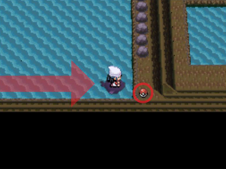 Surfing up to the Leftovers in the southeastern corner of the lake. / Pokémon Platinum