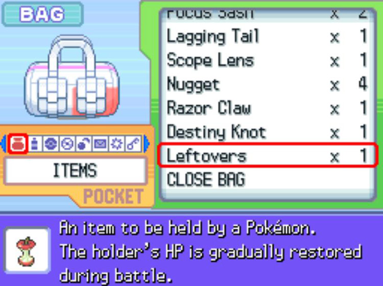 In-game description of the Leftovers. / Pokémon Platinum