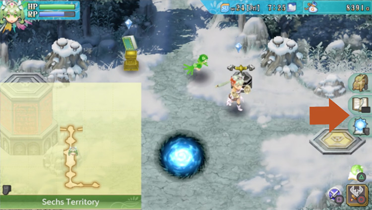 A yellow switch pushed to deactivate the yellow pillar / Rune Factory 4