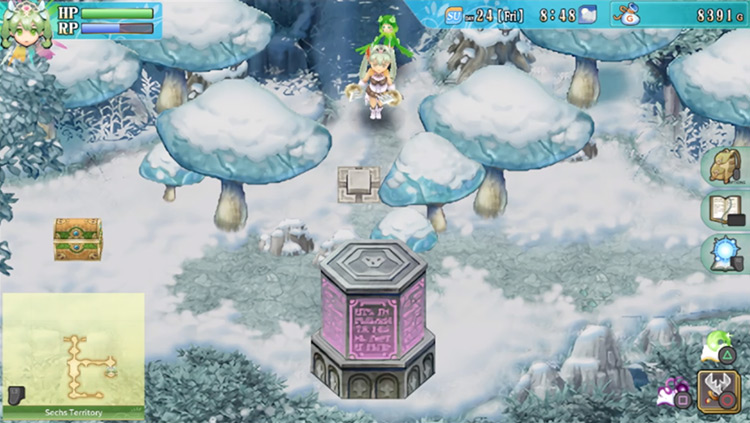 An area with a button and frozen mushrooms blocking the lower section / Rune Factory 4