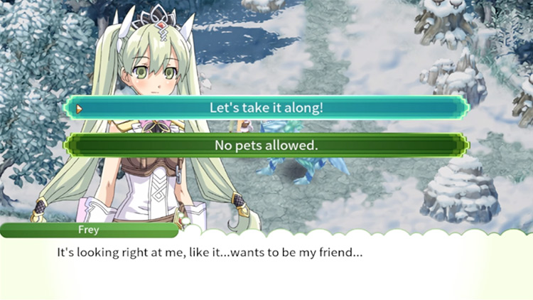 A tameable Silver Wolf in the Sechs Territory asking to join Frey / Rune Factory 4