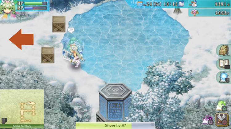 A wide clearing in the Sechs Territory with a frozen pond / Rune Factory 4