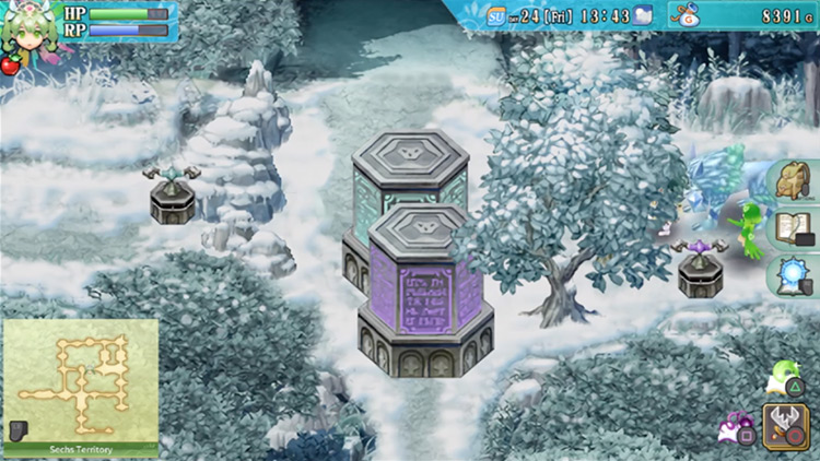 A purple switch that deactivates a purple pillar in the Sechs Territory / Rune Factory 4