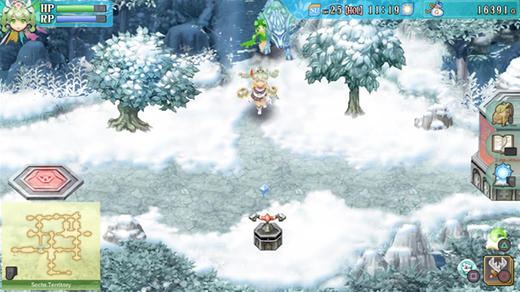 An area of the Sechs Territory with a red switch and two red pillars / Rune Factory 4