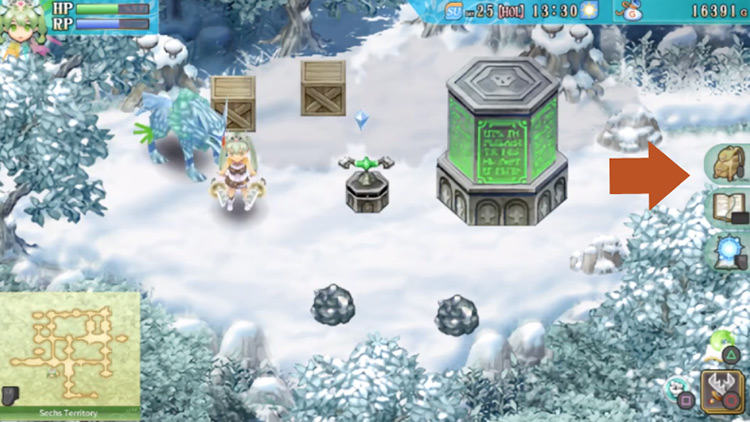 A secret area in the Sechs Territory with a green switch and a green pillar / Rune Factory 4