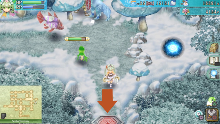 A deactivated red pillar on a path heading south in the Sechs Territory / Rune Factory 4