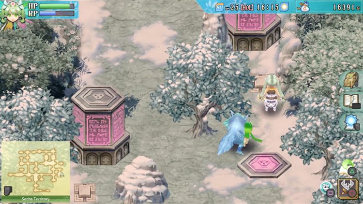 An area of the Sechs Territory with multiple buttons and magenta pillars / Rune Factory 4