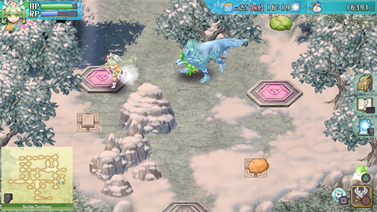An area of the Sechs Territory with multiple deactivated magenta pillars / Rune Factory 4