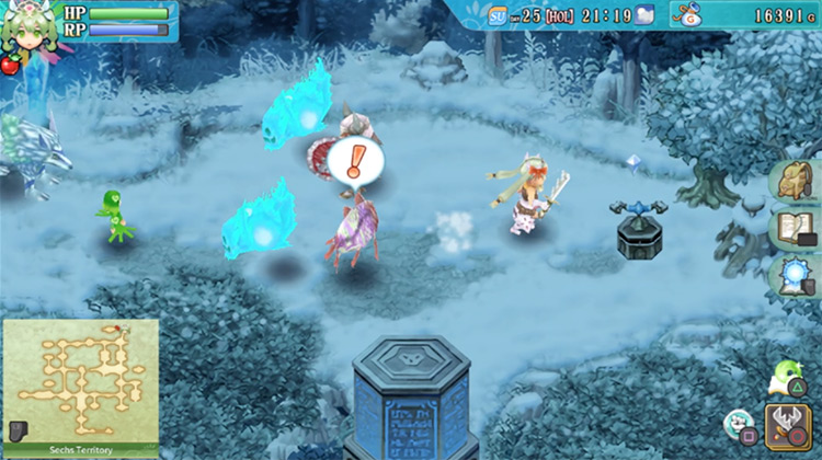 A blue switch and a blue pillar in the Sechs Territory / Rune Factory 4