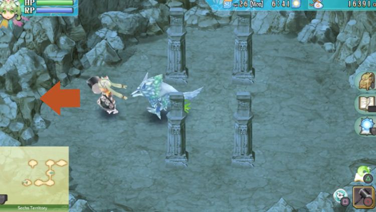 A hidden path along the west wall of an area in the cave in the Sechs Territory / Rune Factory 4