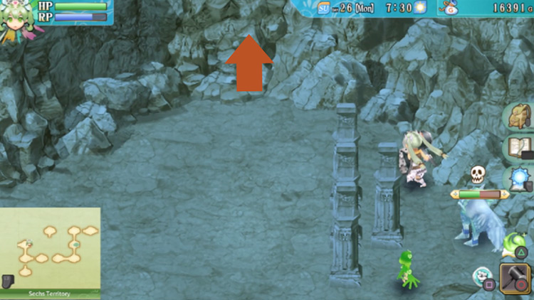 A proximity-sensing pillar puzzle in the cave of the Sechs Territory / Rune Factory 4