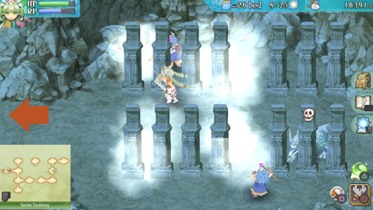 Two walls of proximity-sensing pillars in the cave of the Sechs Territory / Rune Factory 4