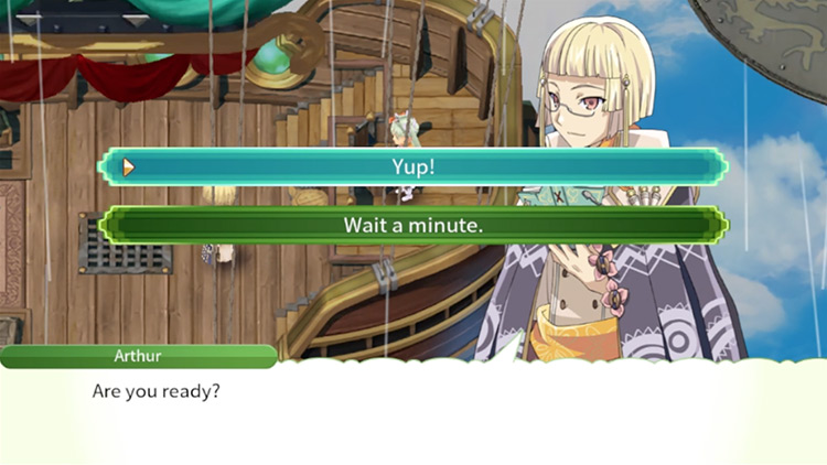 Arthur asking if the airship should embark for the Floating Empire / Rune Factory 4