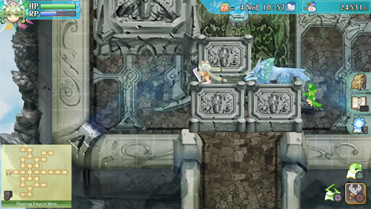 A narrow gap in between the rock walls in the Floating Empire West / Rune Factory 4