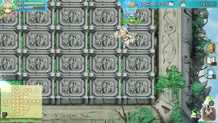 A secret path through the rock walls along the east edge of the room / Rune Factory 4