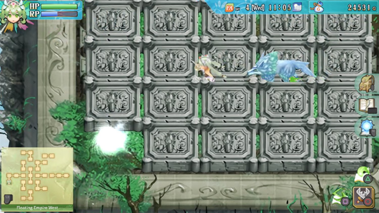 A puzzle using secret paths in the rock walls / Rune Factory 4