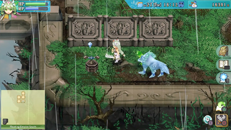 A blue switch in the bottom left corner of an area in the Floating Empire South / Rune Factory 4