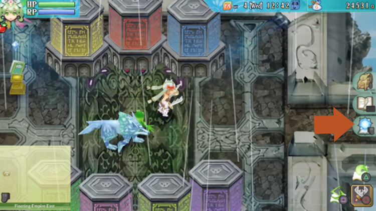 The entrance of the Floating Empire East where multicolored pillars can be found / Rune Factory 4