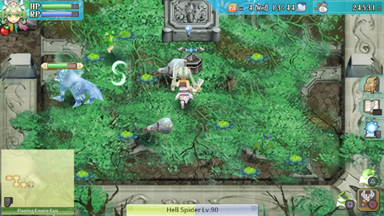 An area with several carnivorous plants scattered around a blue pillar / Rune Factory 4