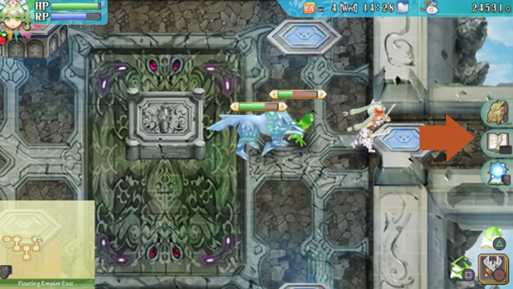 A room in the Floating Empire East with red pillars and blue pillars / Rune Factory 4