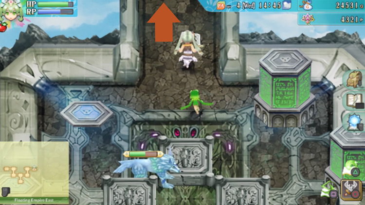 A room in the Floating Empire East with green pillars and blue pillars / Rune Factory 4