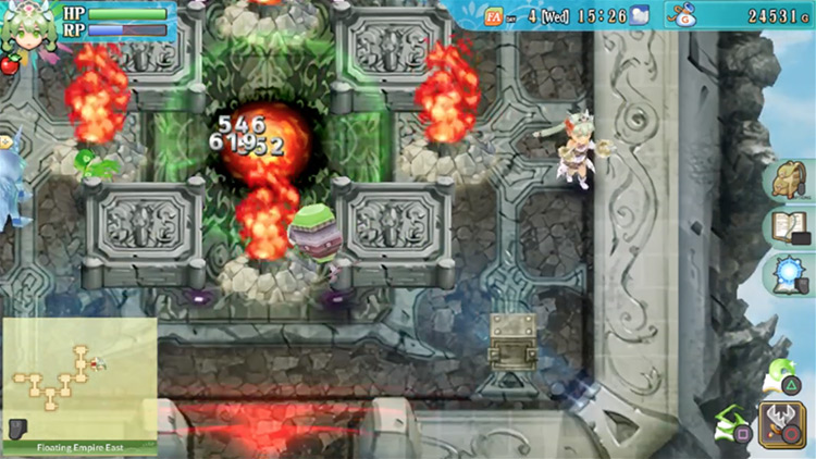 A room where a Flame Gate is tucked by flaming geysers / Rune Factory 4