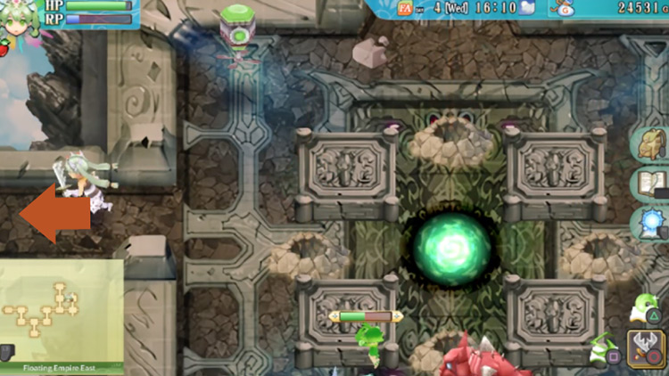 A room with flaming geysers surrounding a gate in the Floating Empire East / Rune Factory 4