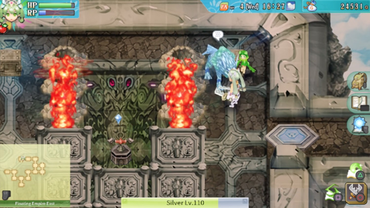 A red switch behind columns of flaming geysers in the Floating Empire East / Rune Factory 4