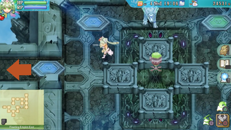 An area in the Floating Empire East with multiple blue pillars and green pillars / Rune Factory 4