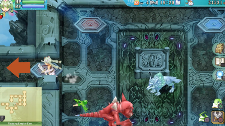 An area in the Floating Empire East with multiple blue pillars and red pillars / Rune Factory 4