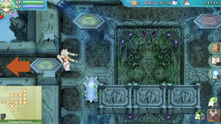 An area in the Floating Empire East with multiple yellow pillars and red pillars / Rune Factory 4