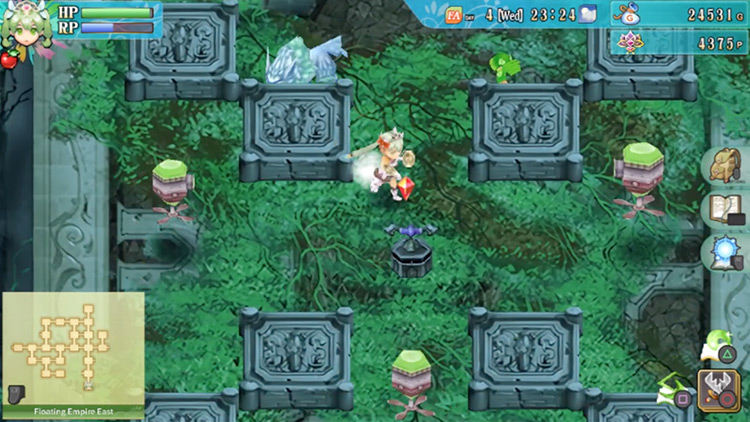 A purple switch in the center of the room in the Floating Empire East / Rune Factory 4