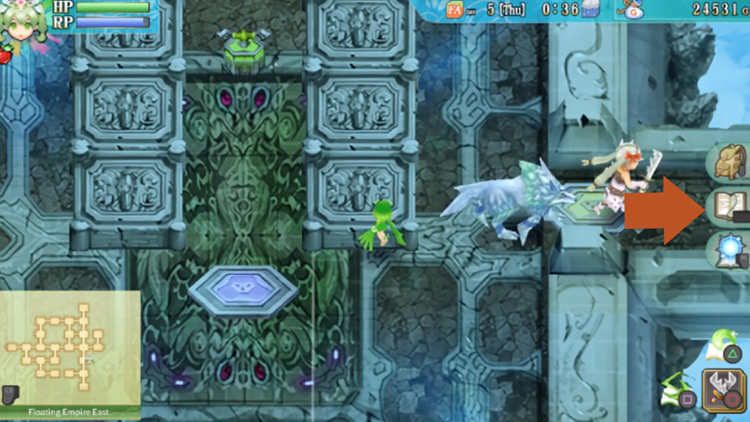 A area in the Floating Empire East where the pink and yellow pillars are deactivated / Rune Factory 4
