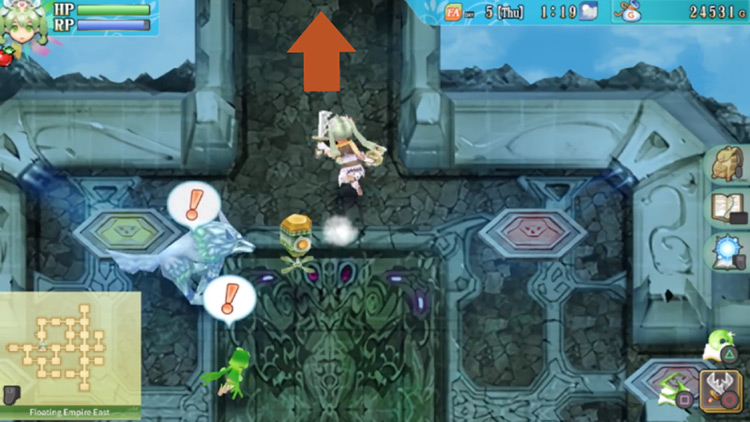 Deactivated yellow and red pillars in the Floating Empire East / Rune Factory 4