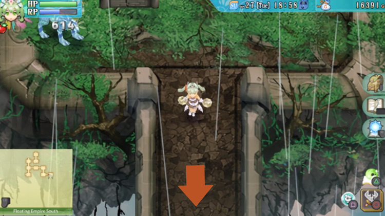 An area of the Floating Empire South with rock pillars in each corner / Rune Factory 4