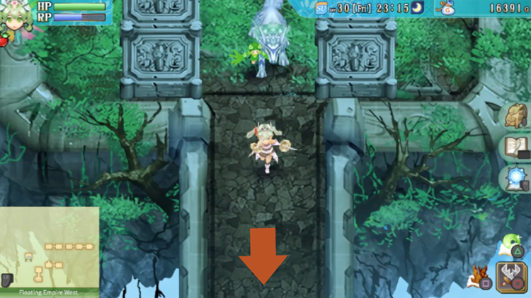 A path heading south that was previously blocked by a barrier in the Floating Empire West / Rune Factory 4