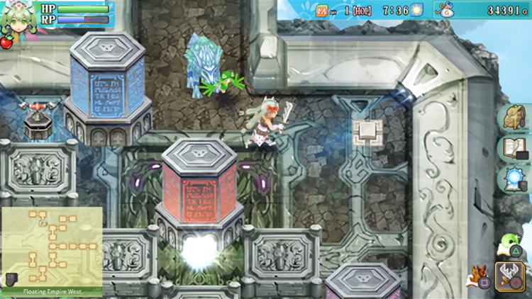 A room with multiple colored pillars in the Floating Empire West / Rune Factory 4
