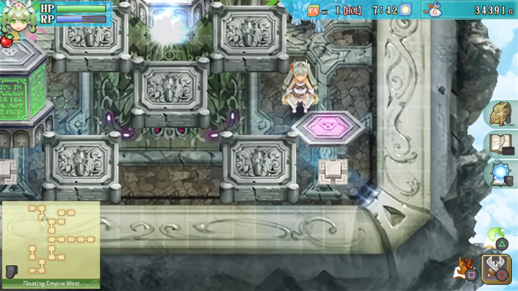 A button in the southeast corner of the room that deactivates a green pillar / Rune Factory 4