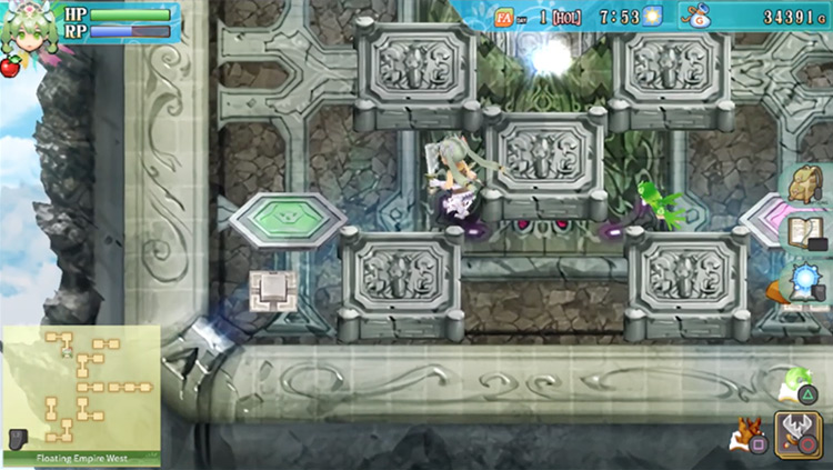 A button in the bottom left corner of the room that deactivates a blue pillar in the north / Rune Factory 4